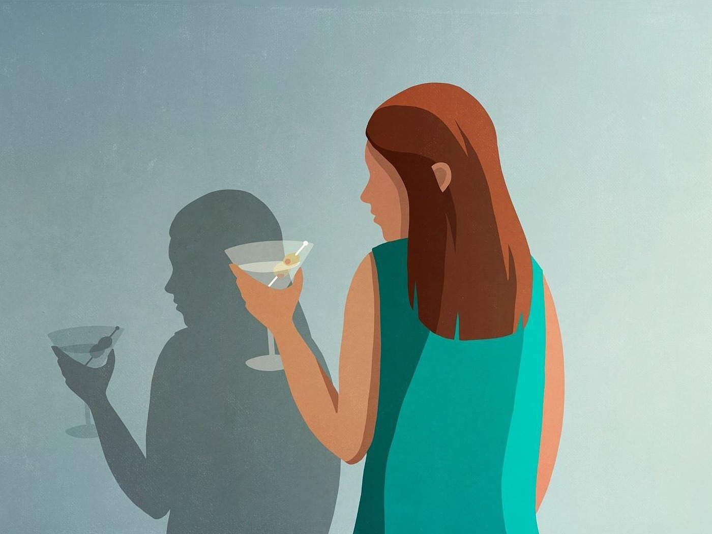 Illustration einer Frau mit einem Cocktail in der Hand, Rückansicht